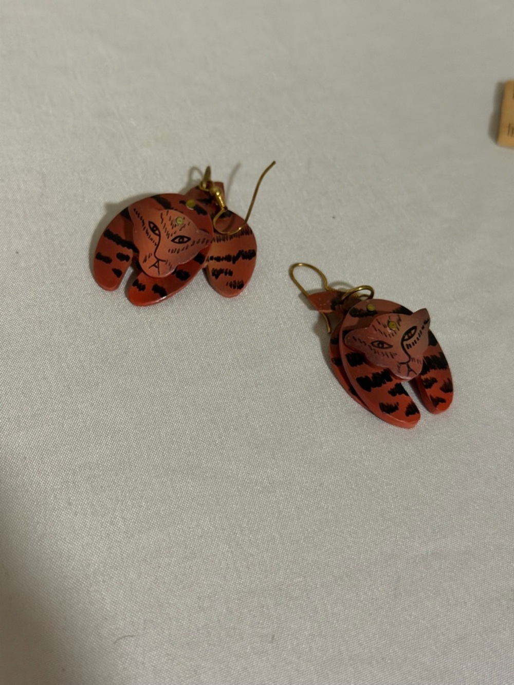 Handpainted Cat Face Drop Earrings in Terracotta Orange and Black